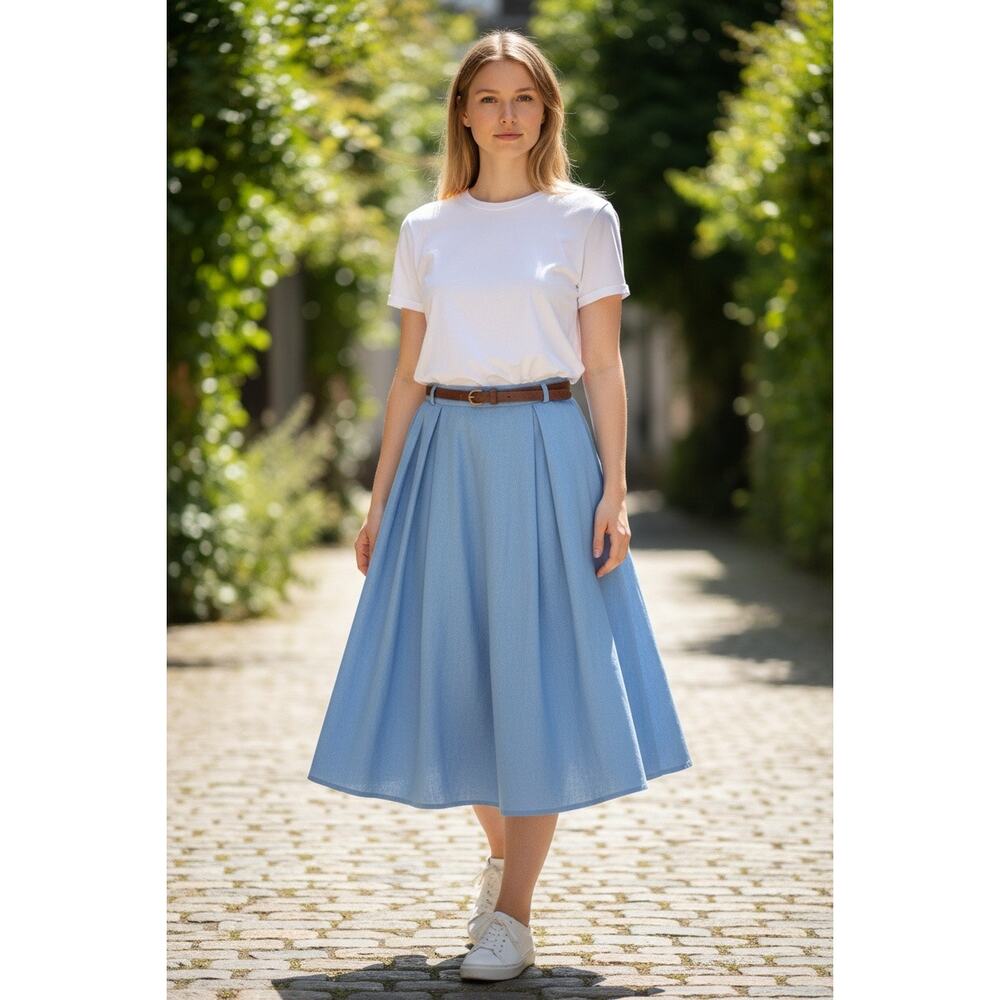Tulip B Vintage Blue Pleated Midi Skirt Belt Pockets Lined Small NEW - Picture 3 of 11